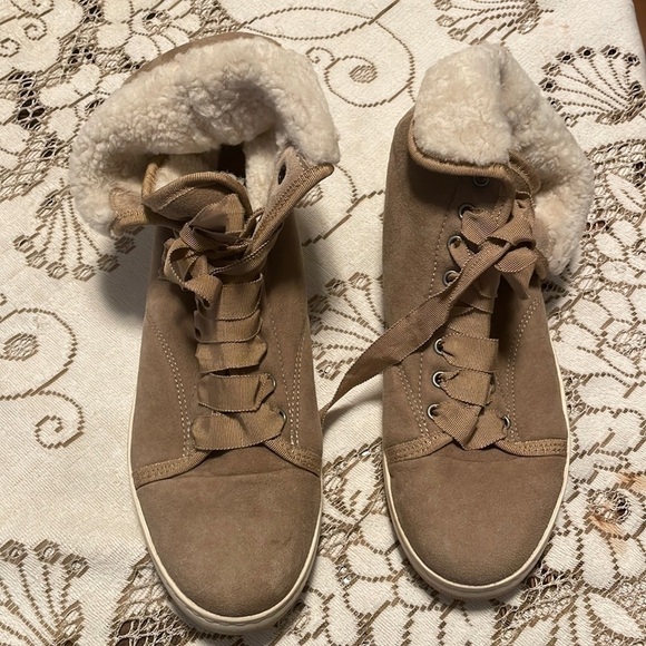 Lanvin Cream Shearling Tan Soft Suede Ribbon Lace High Top Sneakers - Picture 1 of 8